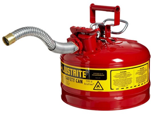 Bidones para inflamables Justrite 7225130 (Ex 10721) metálicos de dos bocas y manguera 25mm Tipo II AccuFlow™ - 9,5 litros - Color rojo