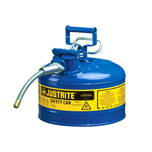 Bidones para inflamables Justrite 7225320 (Ex 10668B/10768B/10728B) metálicos de dos bocas y manguera 16mm Tipo II AccuFlow™ - 9,5 litros - Color azul para Querosén