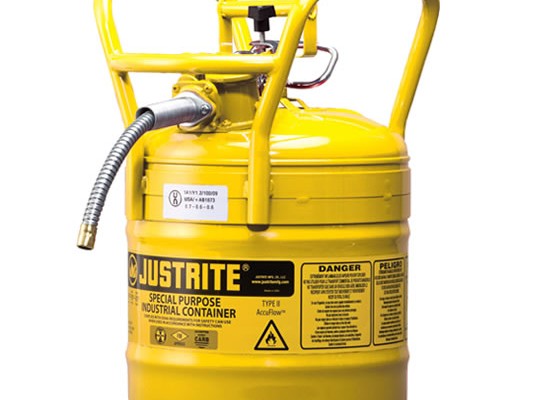 Bidones Justrite de Seguridad - Bidones para inflamables Justrite 7350210 D.O.T. Tipo II con manguera - 19 litros - Color amarillo