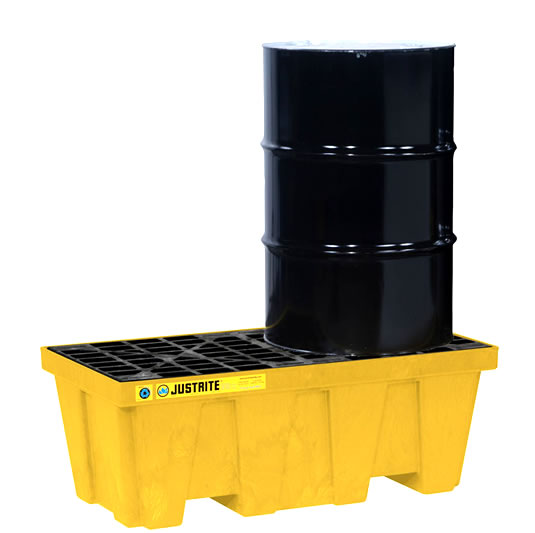 Plataforma Justrite EcoPolyBlend™ - Pallets antiderrames Justrite 28622 (Ex28234) EcoPolyBlend para 2 tambores en línea sin drenaje - Color amarillo - 1245 x 635 x 457 mm