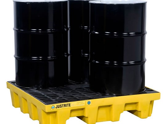Pallets antiderrames Justrite EcoPolyBlend para 4 tambores en cuadro - Color amarillo - 1245 x 1245 x 260 mm