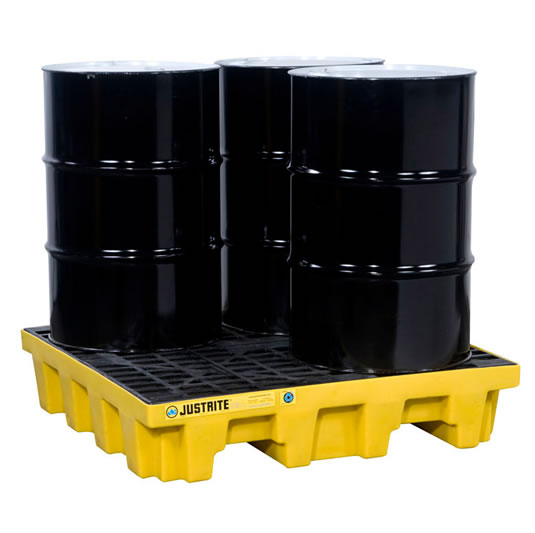 Pallets antiderrames Justrite EcoPolyBlend para 4 tambores en cuadro - Color amarillo - 1245 x 1245 x 260 mm